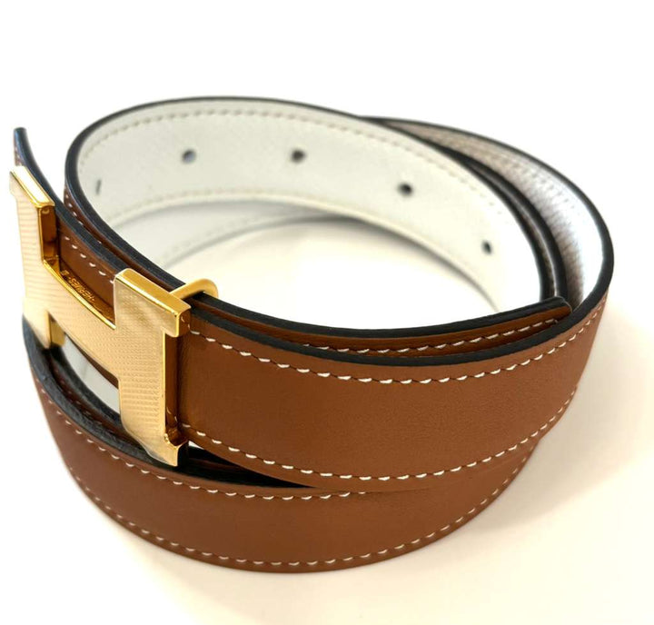 HERMÈS H GUILLOCHEE GOLD BUCKLE BELT