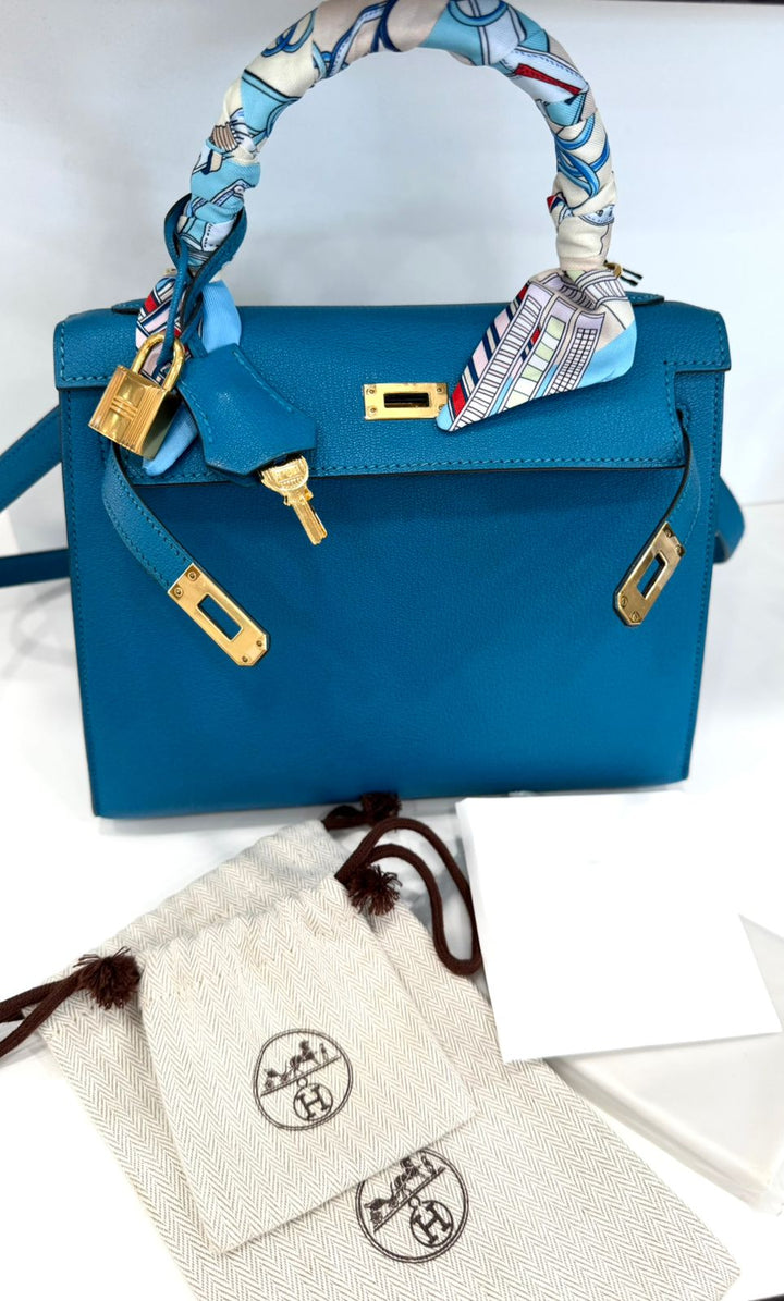 HERMÈS KELLY SELLIER 25 BLEU IZMIR SHOULDER BAG