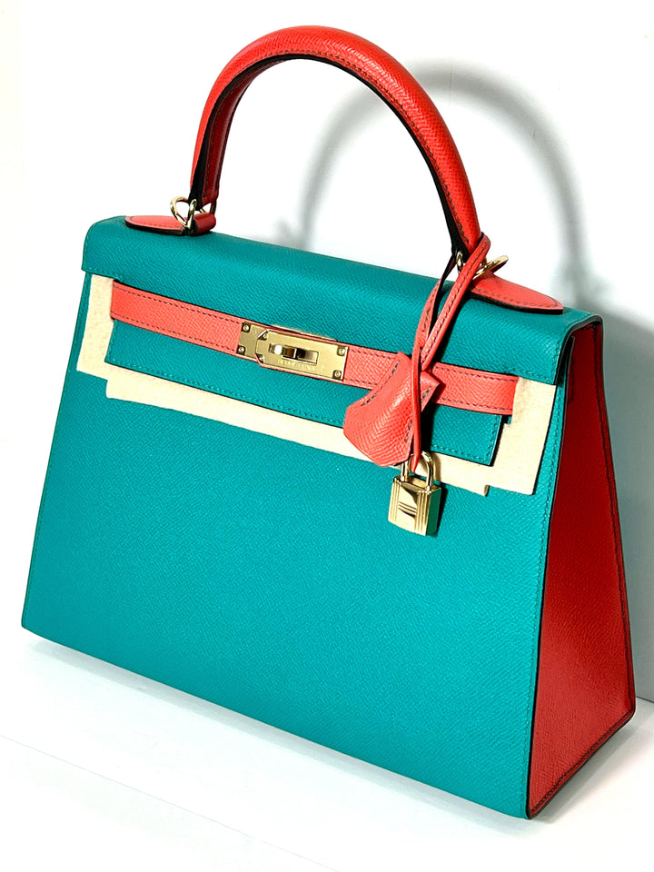 HERMÈS KELLY SELLIER 28 BLEU PAON AND ROSE JAIPUR EPSOM SPECIAL ORDER BAG