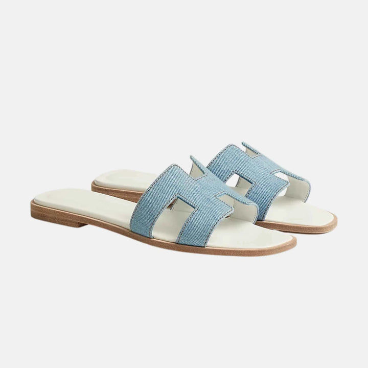 HERMÈS ORAN DENIM LEATHER MULES SANDALS