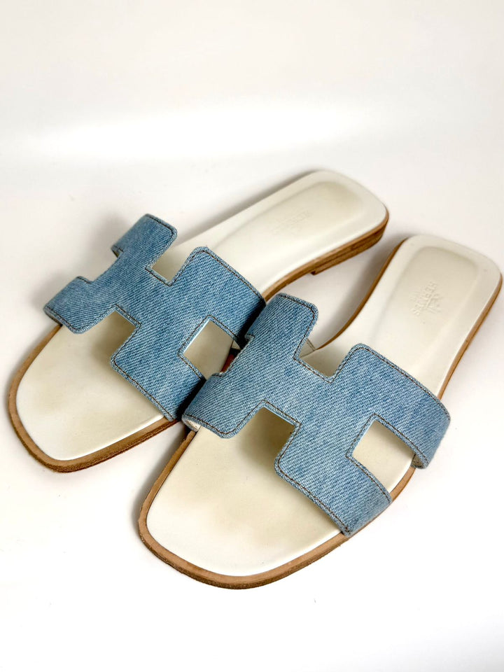 HERMÈS ORAN DENIM LEATHER MULES SANDALS