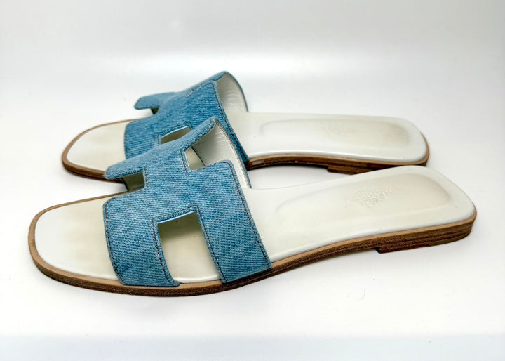 HERMÈS ORAN DENIM LEATHER MULES SANDALS