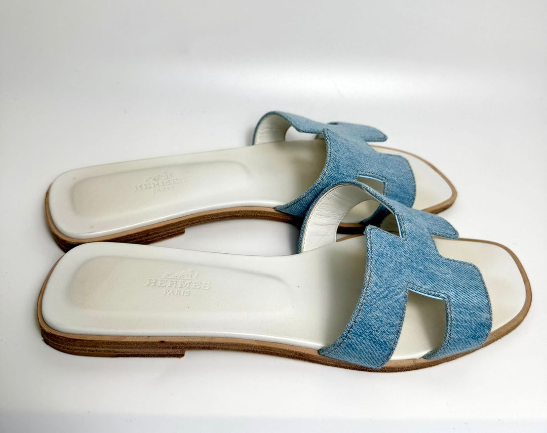 HERMÈS ORAN DENIM LEATHER MULES SANDALS