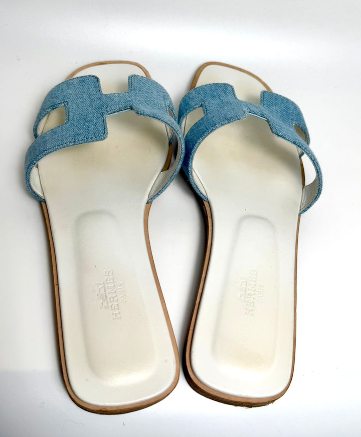 HERMÈS ORAN DENIM LEATHER MULES SANDALS
