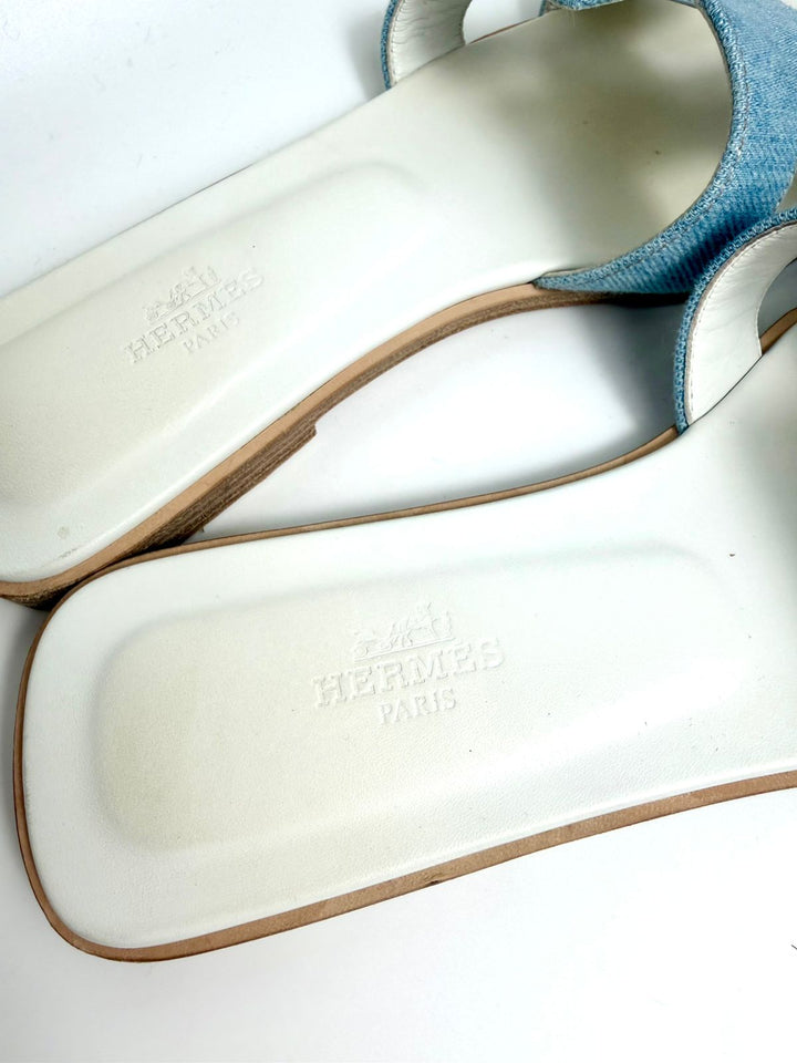 HERMÈS ORAN DENIM LEATHER MULES SANDALS