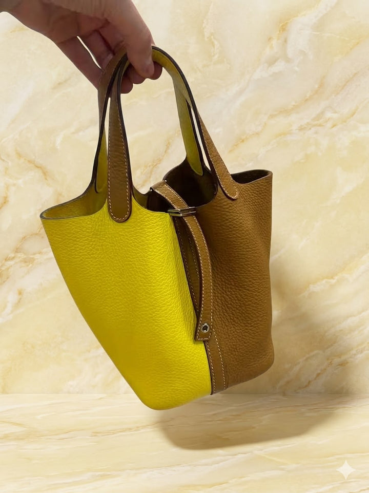 HERMÈS BI-COLOR CLÉMENCE LEATHER PICOTIN CASAQUE LOCK 18 BUCKET BAG
