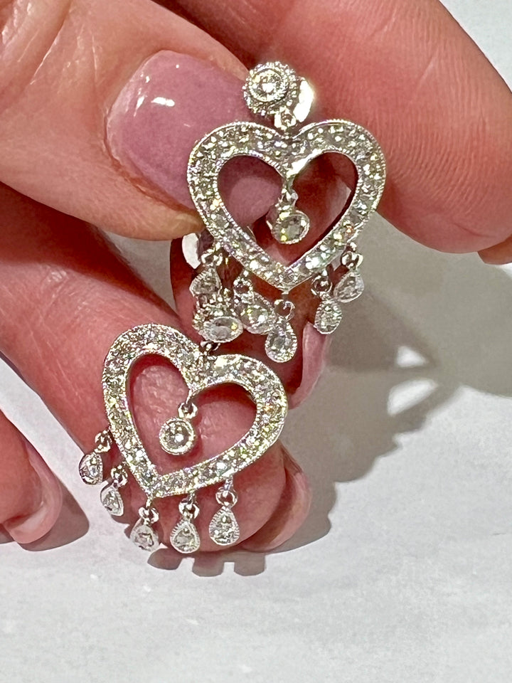 DIAMOND HEART 18K GOLD CHANDELIER EARRINGS