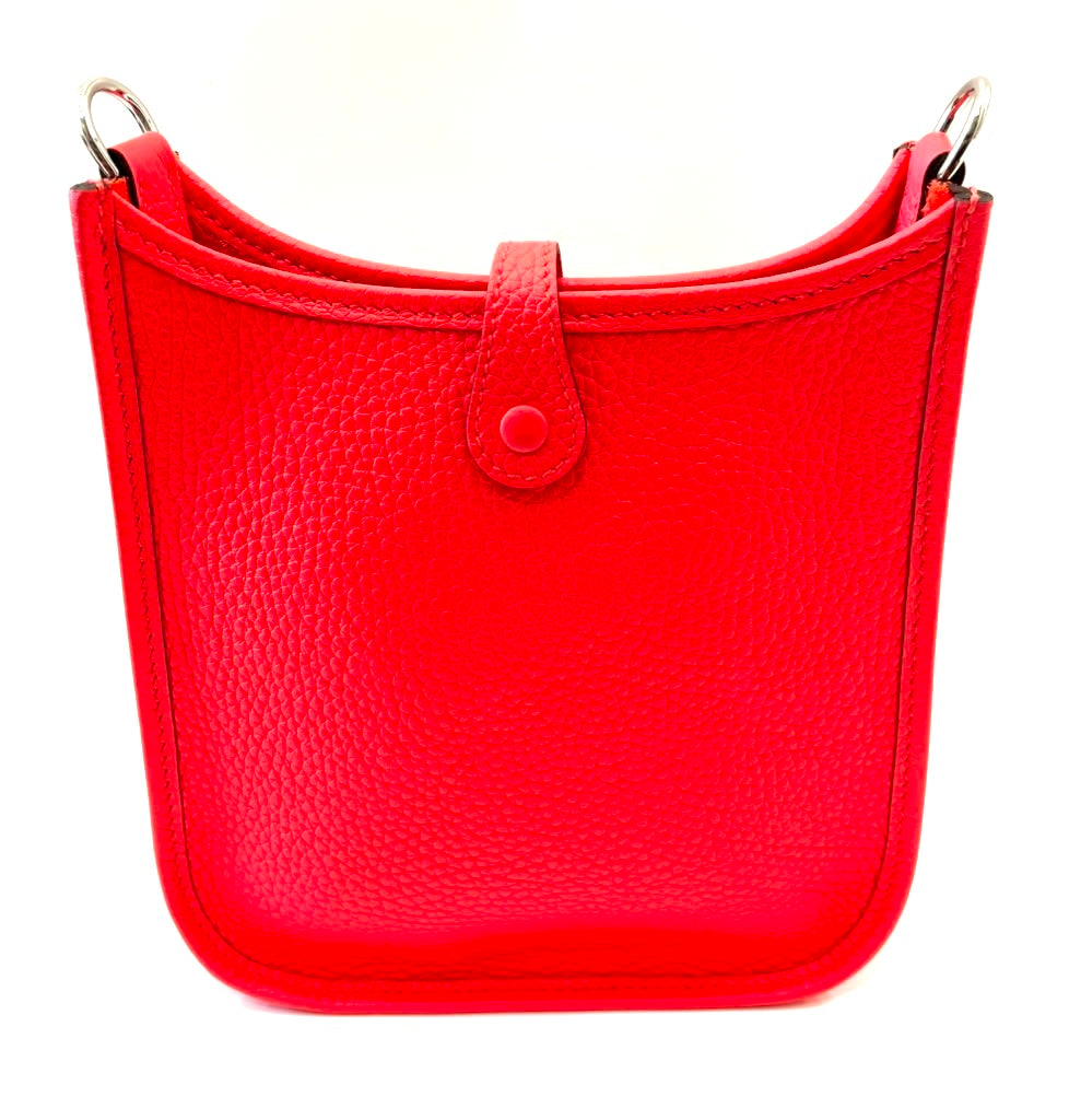 HERMÈS MINI EVELYNE CLÉMENCE LEATHER CROSSBODY BAG IN ROUGE PIVOINE