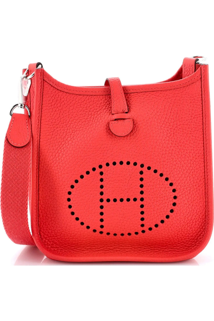 HERMÈS MINI EVELYNE CLÉMENCE LEATHER CROSSBODY BAG IN ROUGE PIVOINE