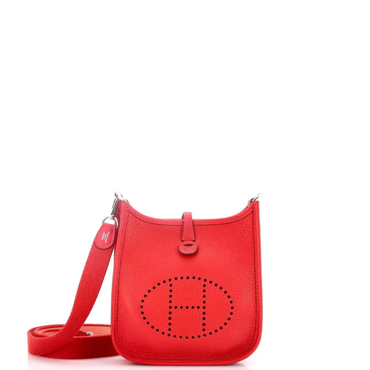 HERMÈS MINI EVELYNE CLÉMENCE LEATHER CROSSBODY BAG IN ROUGE PIVOINE