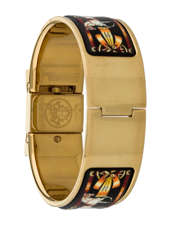 HERMÈS EQUESTRIAN ENAMEL &amp; GOLD PLATED LOQUET BANGLE QUARTZ WATCH