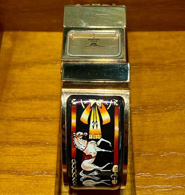 HERMÈS EQUESTRIAN ENAMEL &amp; GOLD PLATED LOQUET BANGLE QUARTZ WATCH
