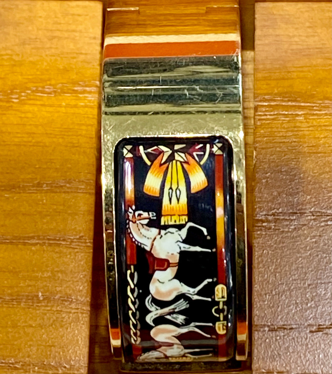 HERMÈS EQUESTRIAN ENAMEL &amp; GOLD PLATED LOQUET BANGLE QUARTZ WATCH