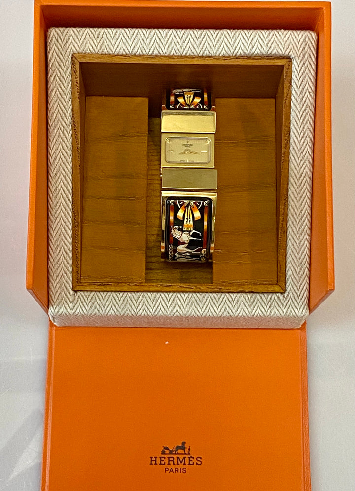 HERMÈS EQUESTRIAN ENAMEL &amp; GOLD PLATED LOQUET BANGLE QUARTZ WATCH