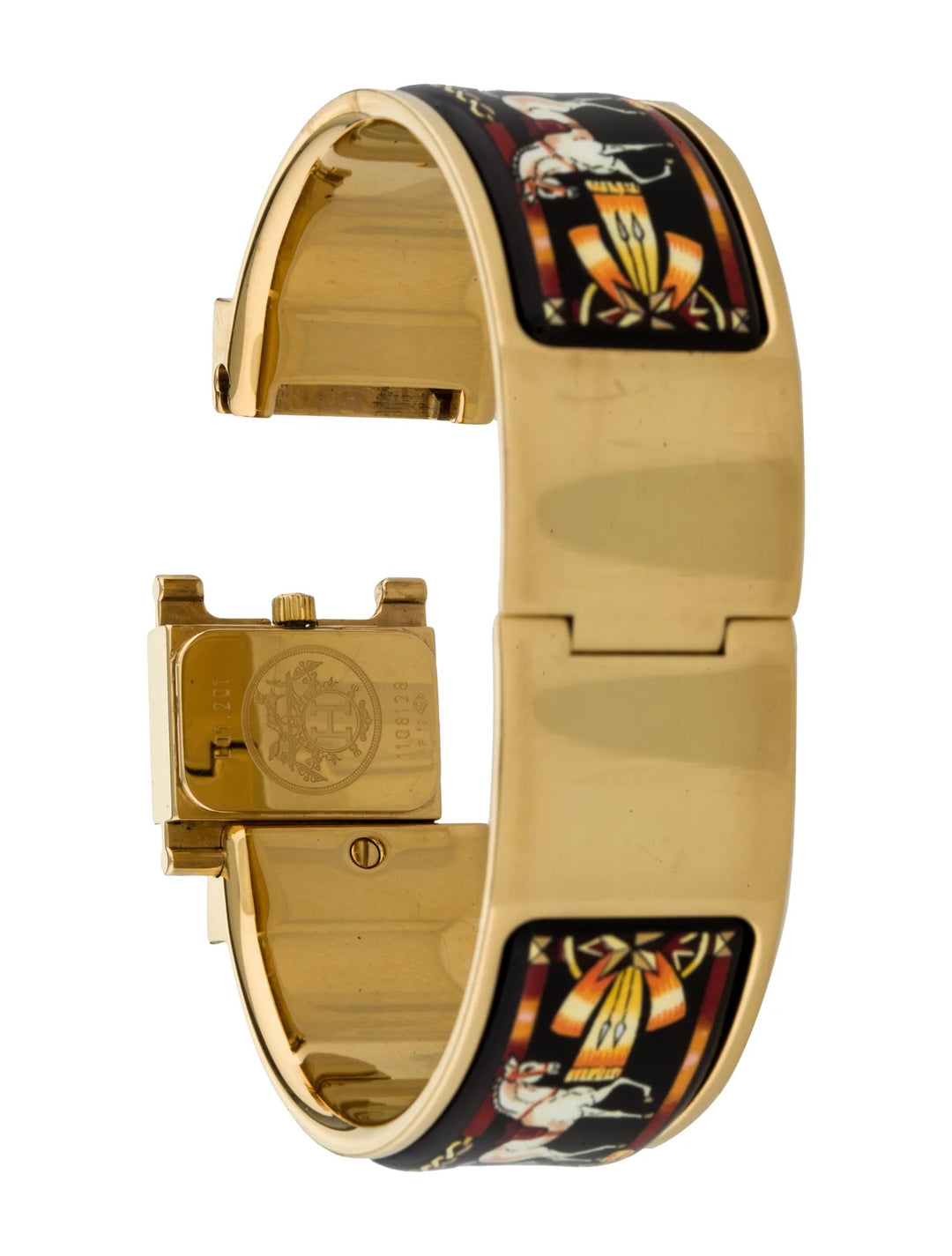 HERMÈS EQUESTRIAN ENAMEL &amp; GOLD PLATED LOQUET BANGLE QUARTZ WATCH