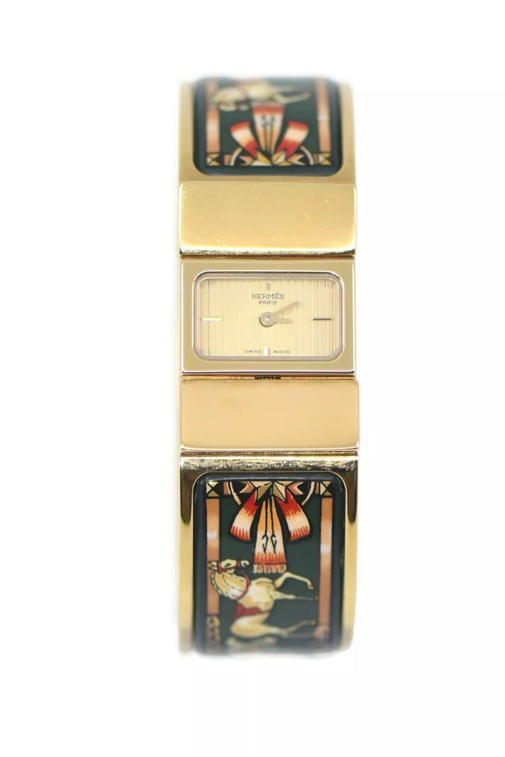 HERMÈS EQUESTRIAN ENAMEL &amp; GOLD PLATED LOQUET BANGLE QUARTZ WATCH