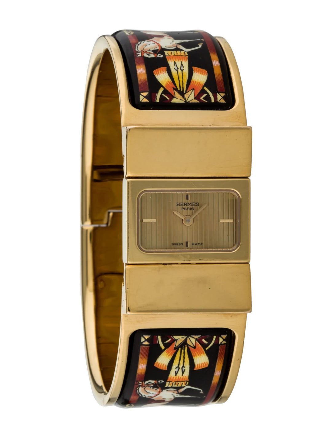 HERMÈS EQUESTRIAN ENAMEL &amp; GOLD PLATED LOQUET BANGLE QUARTZ WATCH