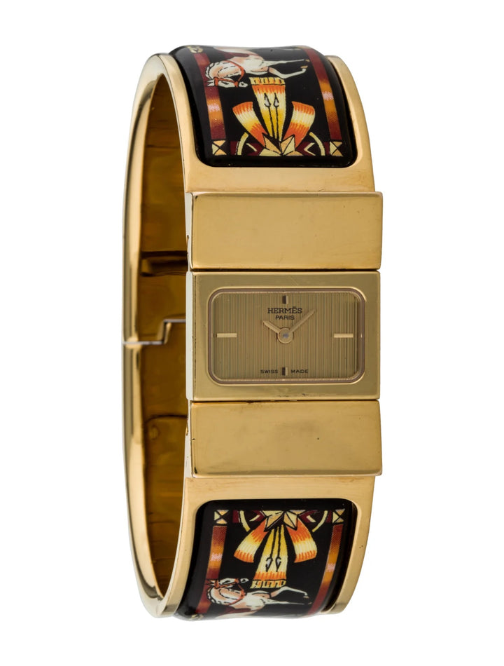 HERMÈS EQUESTRIAN ENAMEL &amp; GOLD PLATED LOQUET BANGLE QUARTZ WATCH