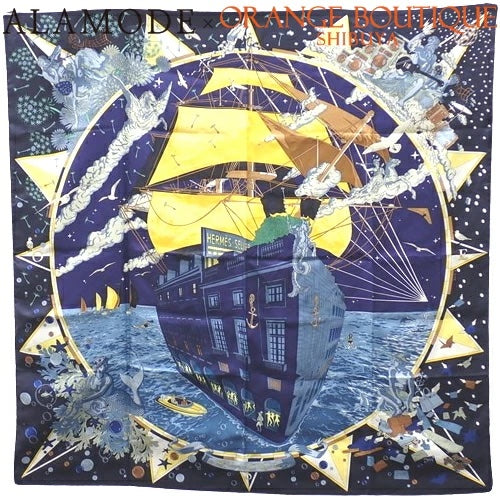 HERMÈS CARRE FLAGSHIP MARINE FONCÉ JAUNE SILK TWILL SCARF