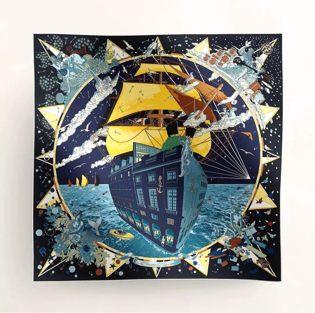 HERMES/エルメス Hロゴ 正方形 カバー c_006 HERMÈS CARRE FLAGSHIP MARINE FONCÉ JAUNE SILK TWILL SCARF