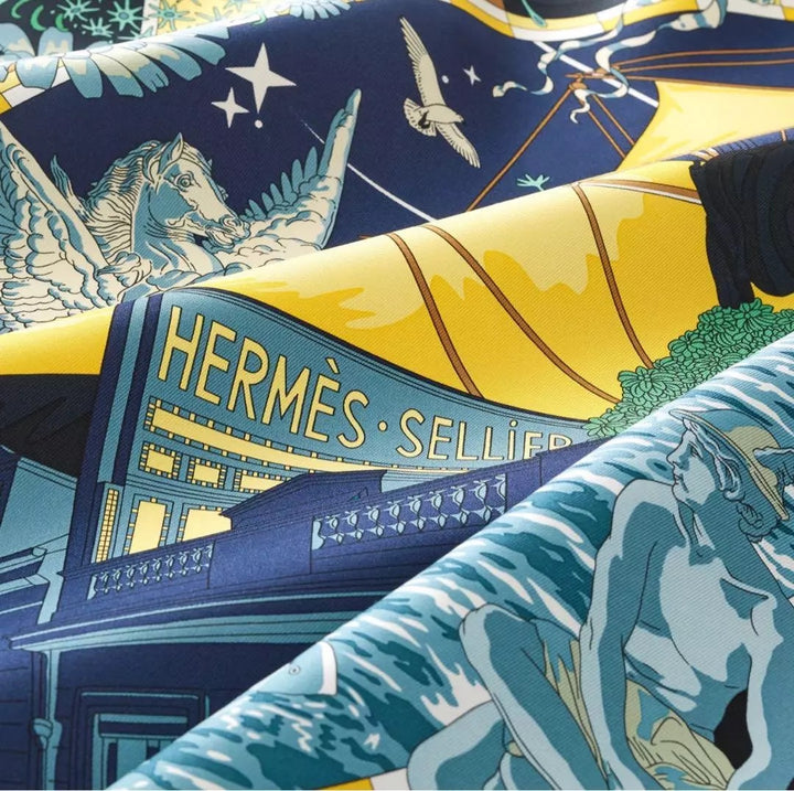 HERMÈS CARRE FLAGSHIP MARINE FONCÉ JAUNE SILK TWILL SCARF