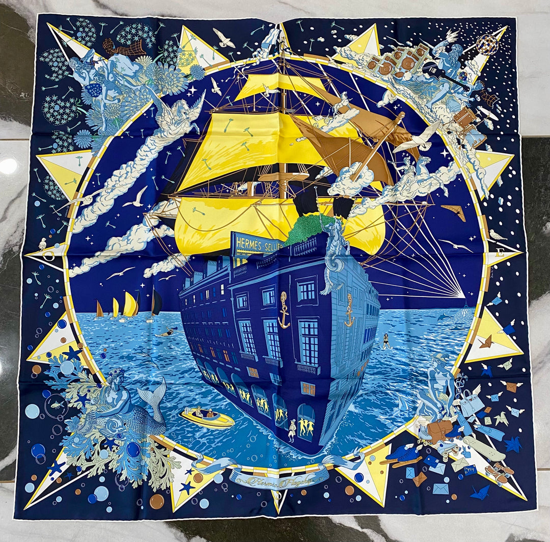 HERMÈS CARRE FLAGSHIP MARINE FONCÉ JAUNE SILK TWILL SCARF