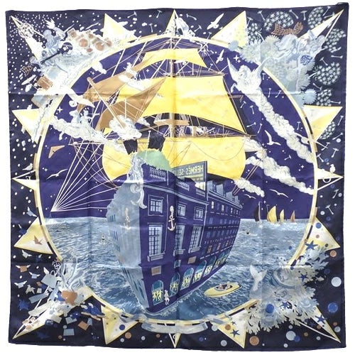 HERMÈS CARRE FLAGSHIP MARINE FONCÉ JAUNE SILK TWILL SCARF