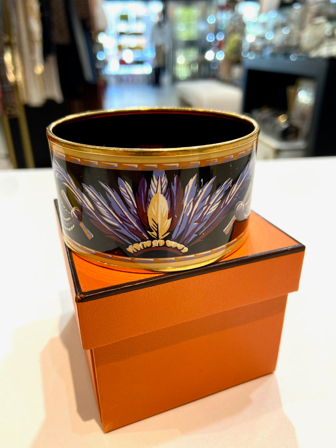 HERMÈS ENAMEL &amp; 18K GOLD PLATED BRAZIL WIDE BANGLE BRACELET