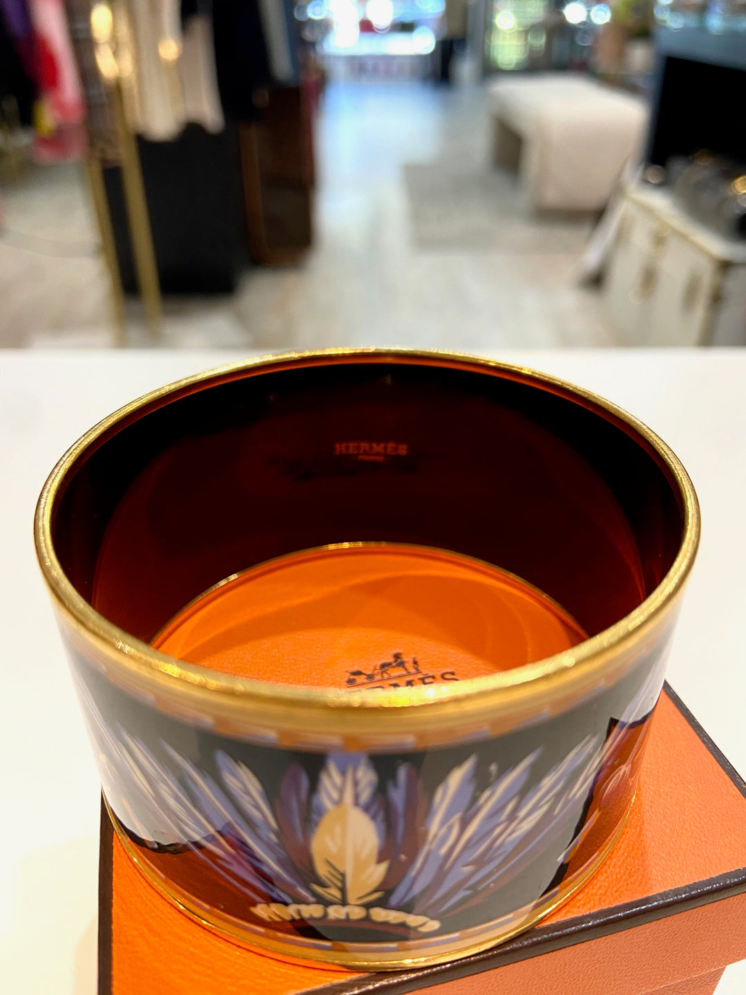 HERMÈS ENAMEL &amp; 18K GOLD PLATED BRAZIL WIDE BANGLE BRACELET