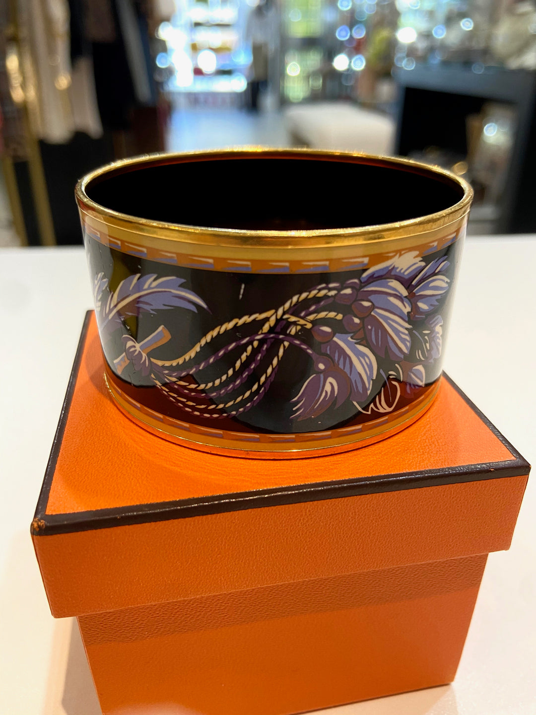 HERMÈS ENAMEL &amp; 18K GOLD PLATED BRAZIL WIDE BANGLE BRACELET