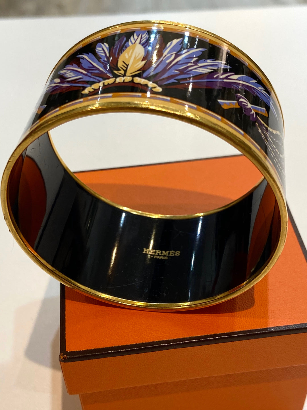 HERMÈS ENAMEL &amp; 18K GOLD PLATED BRAZIL WIDE BANGLE BRACELET