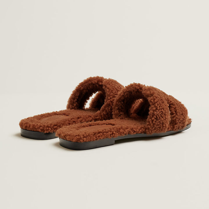 HERMÈS ORAN TEDDY SHEARLING FUR MULE SANDALS