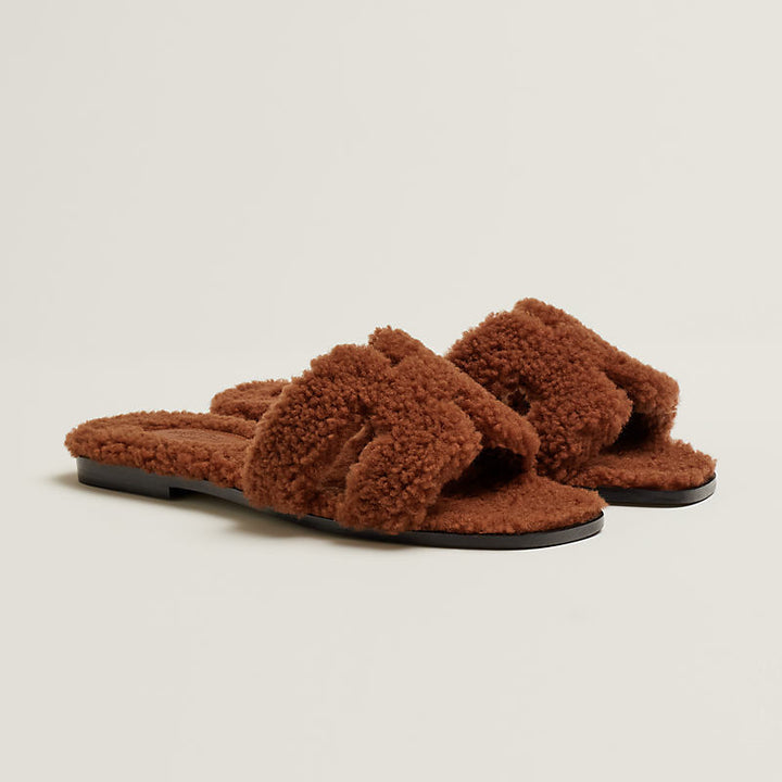 HERMÈS ORAN TEDDY SHEARLING FUR MULE SANDALS