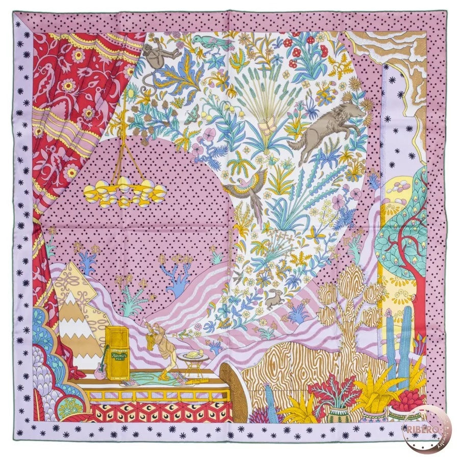 HERMÈS LE PREMIER CHANT ROSE VERT JAUNE SILK SCARF
