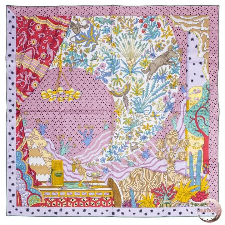 HERMÈS LE PREMIER CHANT ROSE VERT JAUNE SILK SCARF