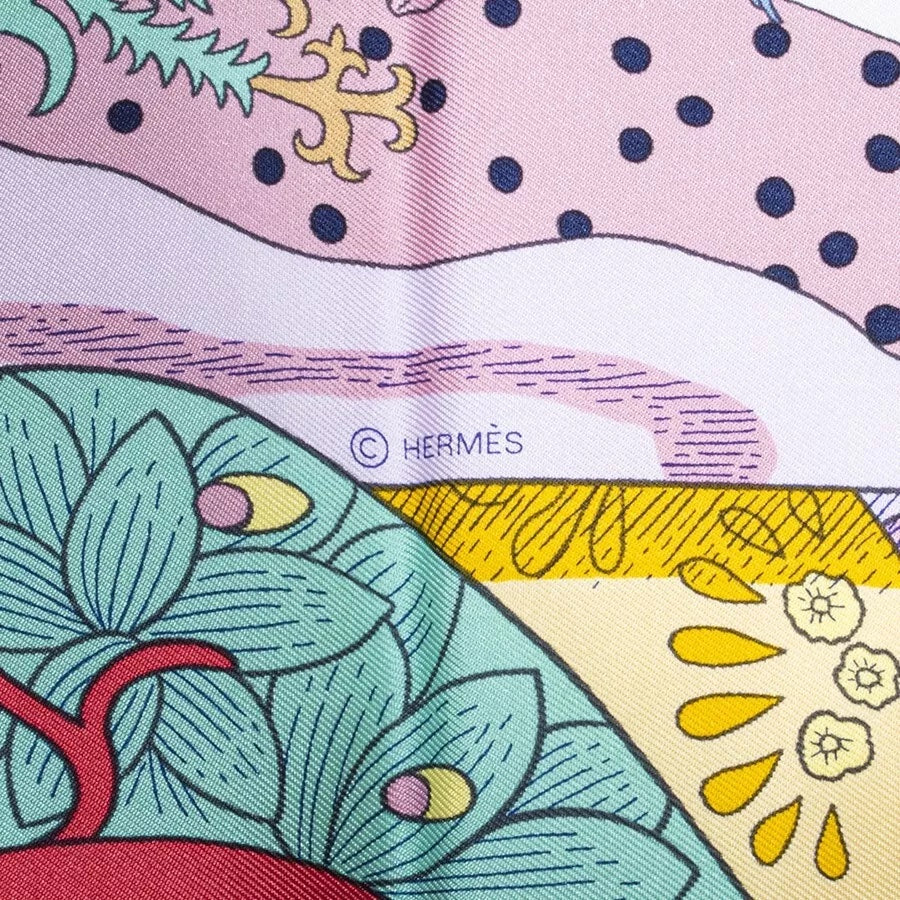 HERMÈS LE PREMIER CHANT ROSE VERT JAUNE SILK SCARF