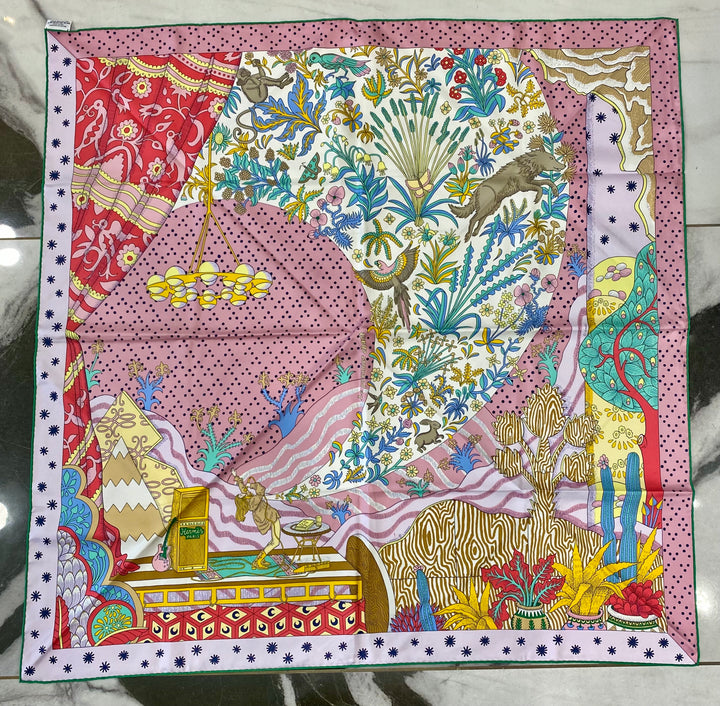 HERMÈS LE PREMIER CHANT ROSE VERT JAUNE SILK SCARF