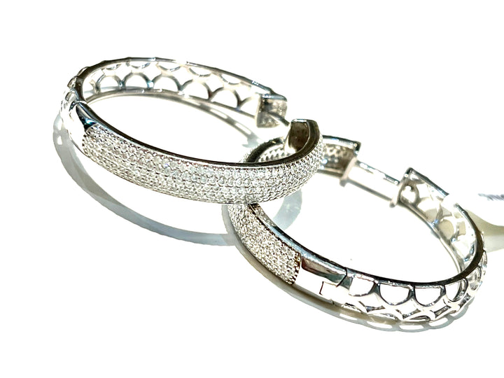MONARCH ITALY STERLING SILVER PAVE CRYSTALS HOOP EARRINGS
