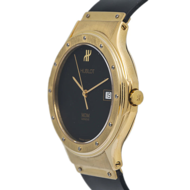 HUBLOT CLASSIC MDM 18K YELLOW GOLD MATTE BLACK DIAL QUARTZ WATCH