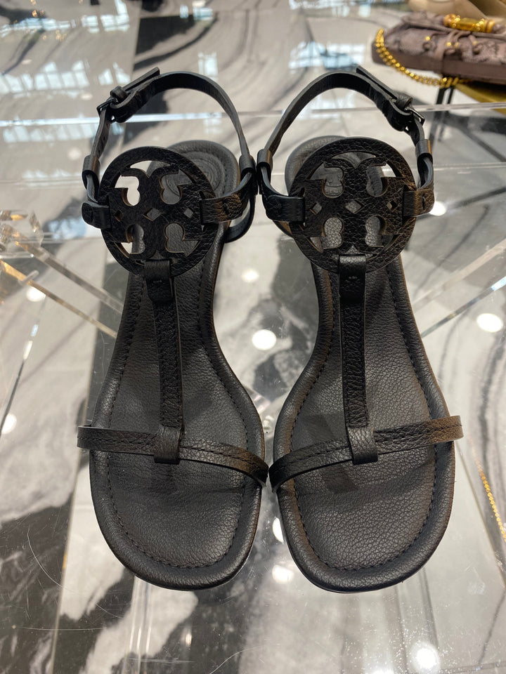 TORY BURCH MILLER T STRAP LEATHER WEDGE HEEL SANDALS