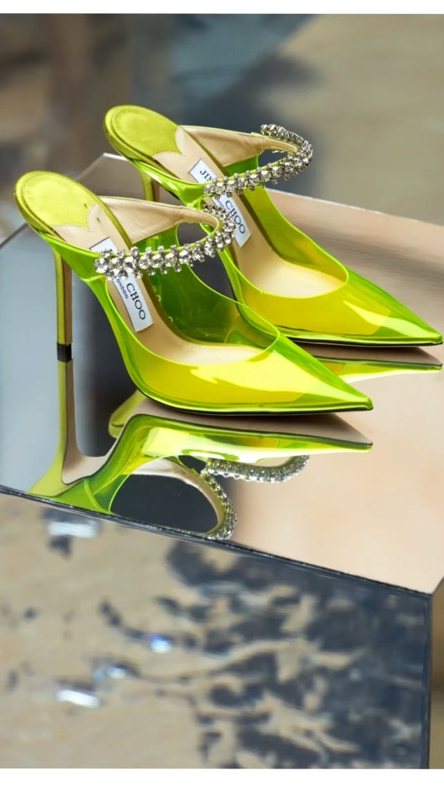 JIMMY CHOO BING CRYSTAL PLEXI MULE PUMPS
