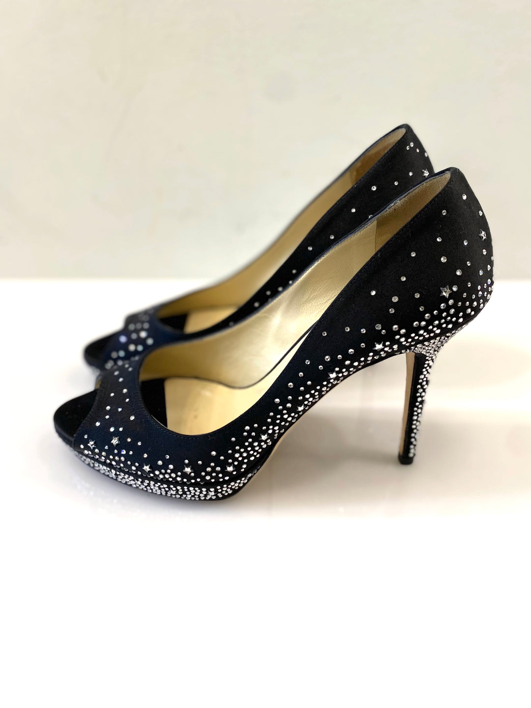 JIMMY CHOO CRYSTAL EMBELLISHED DALI PEEP TOE PUMPS