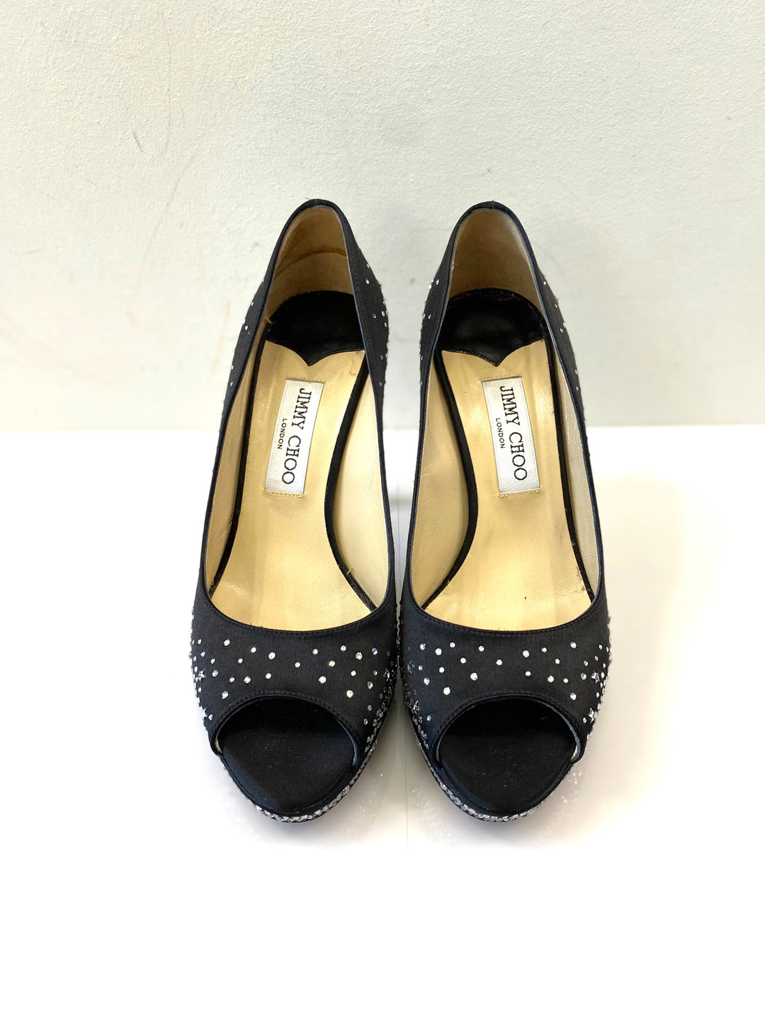 JIMMY CHOO CRYSTAL EMBELLISHED DALI PEEP TOE PUMPS
