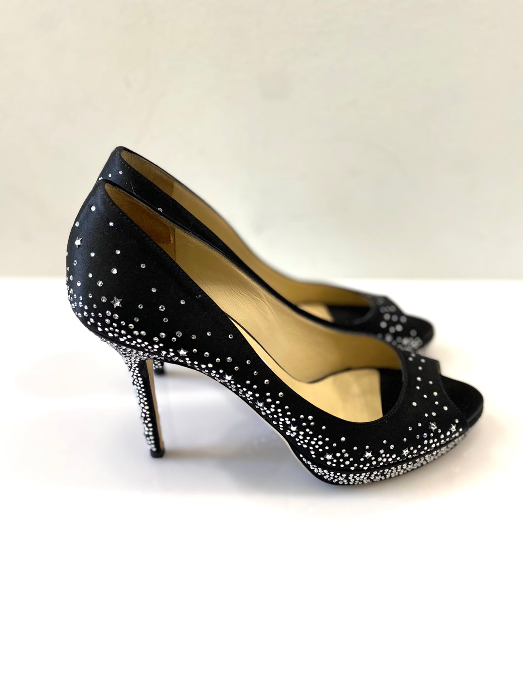 JIMMY CHOO CRYSTAL EMBELLISHED DALI PEEP TOE PUMPS
