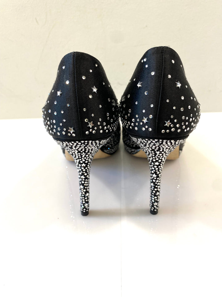 JIMMY CHOO CRYSTAL EMBELLISHED DALI PEEP TOE PUMPS