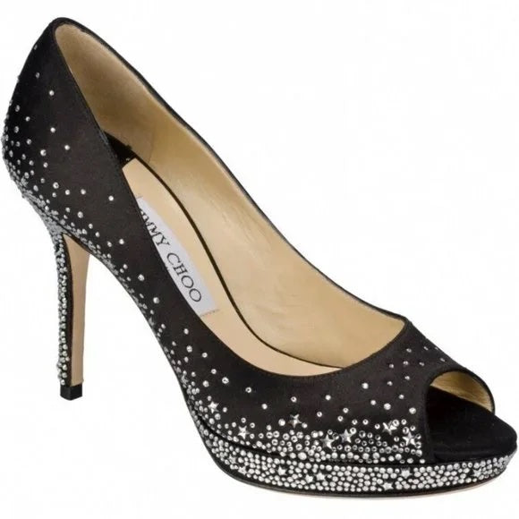 JIMMY CHOO CRYSTAL EMBELLISHED DALI PEEP TOE PUMPS