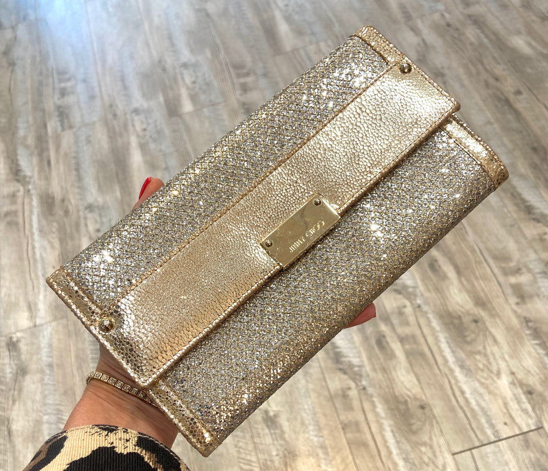 JIMMY CHOO GOLD GLITTER LEATHER REESE CLUTCH BAG