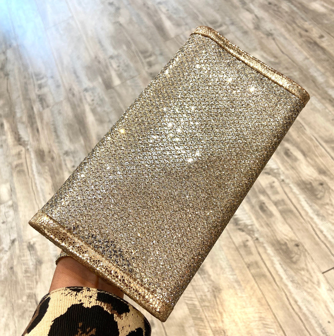 JIMMY CHOO GOLD GLITTER LEATHER REESE CLUTCH BAG