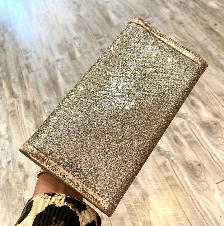 JIMMY CHOO GOLD GLITTER LEATHER REESE CLUTCH BAG