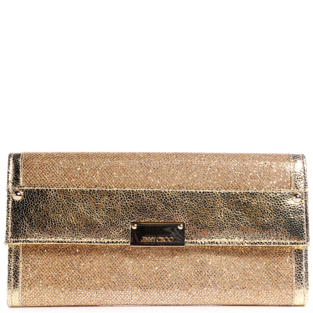 JIMMY CHOO GOLD GLITTER LEATHER REESE CLUTCH BAG